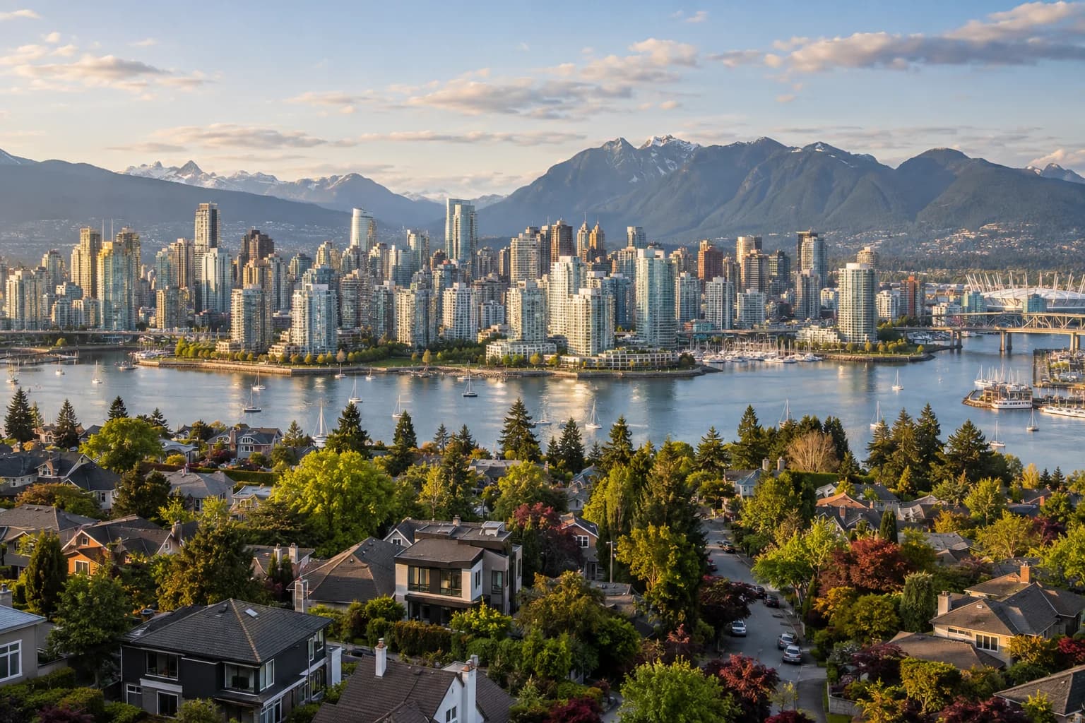Vancouver waterfront, residential neighbourhoods and mountain panorama